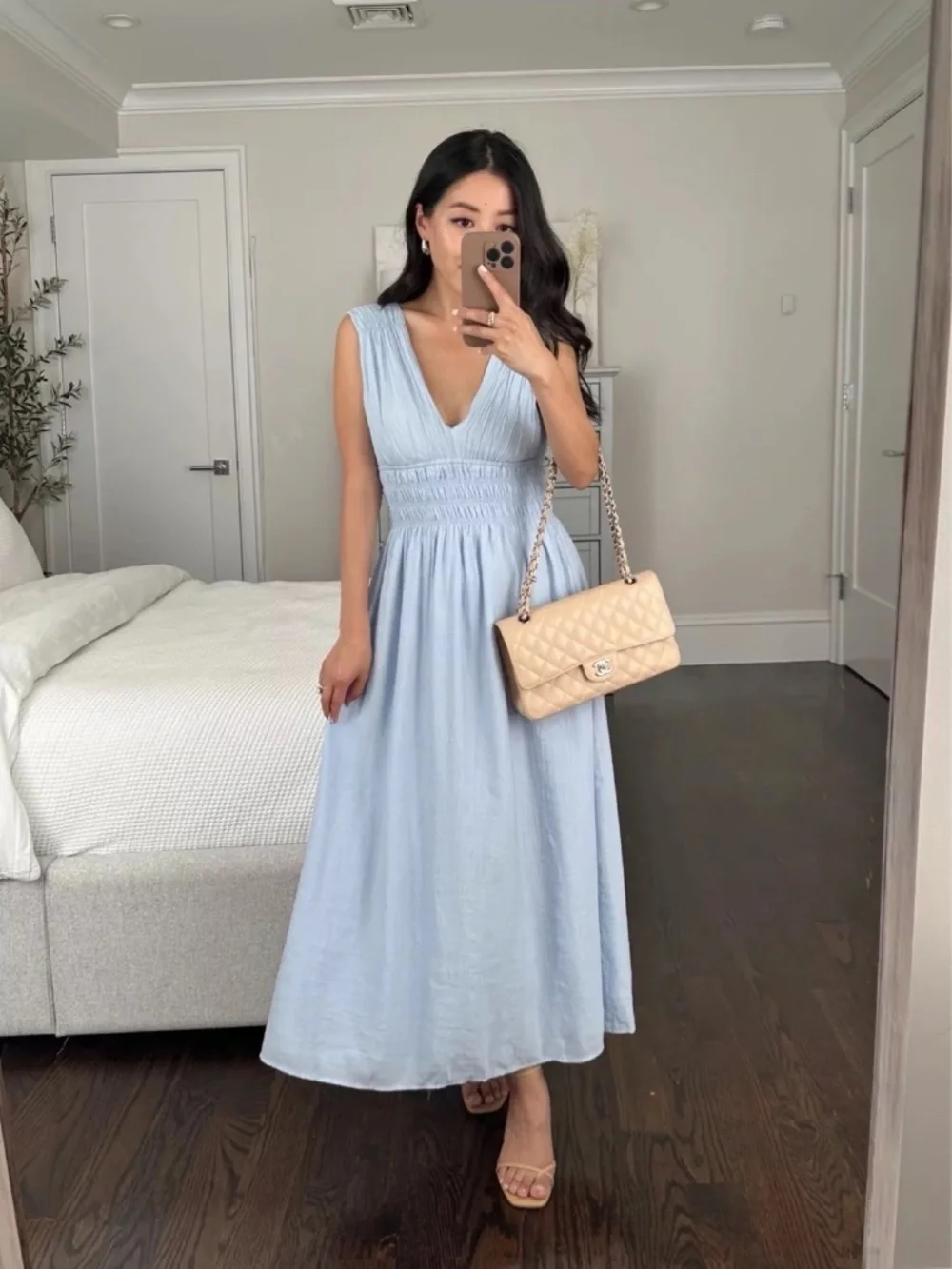 Abercrombie & Fitch Crinkle Textured Smocked Waist Maxi Dress Blue Grecia XSP